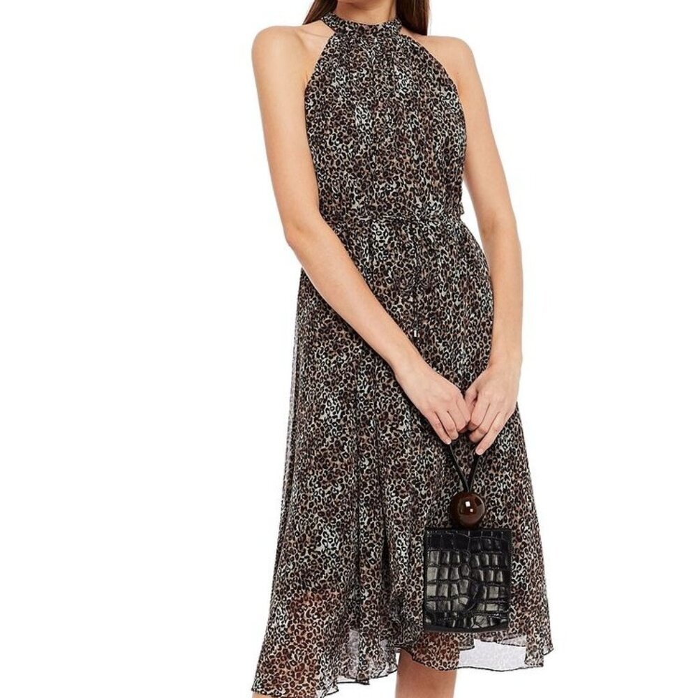 Saloni Women's Georgette Leopard Dress 6 Midi Sleeveless Flowy *Missing Belt*